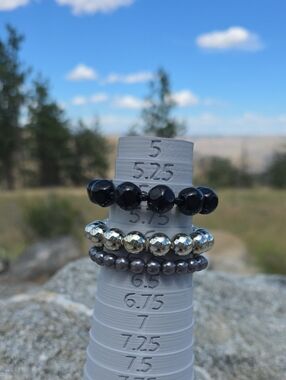 Bundle of Beaded Stackable Stretch Bracelets in Black, Silver, Gray